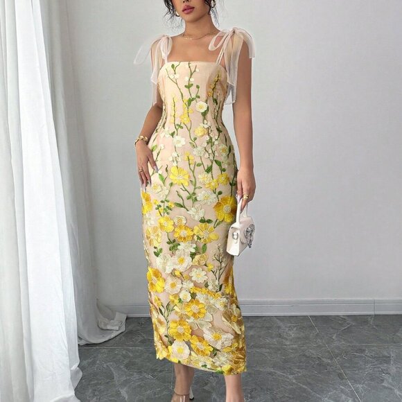 yellow Elegant Women's Mesh 3d Flower print Strap tie Maxi Dress - Picture 4 of 4